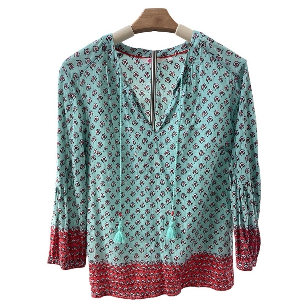 Boden | Easy Cotton Blouse Tassels Printed Preppy Colorful Boho 2